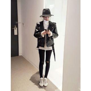 Belted Diagonal-zip Faux-leather Jacket