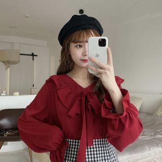 V-neck Ribbon Puff Sleeve Top