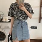 Elbow-sleeve Zebra Print T-shirt / Denim Mini Pencil Skirt