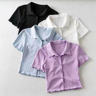 Collared Lettuce Edge Short-sleeve Cropped Top