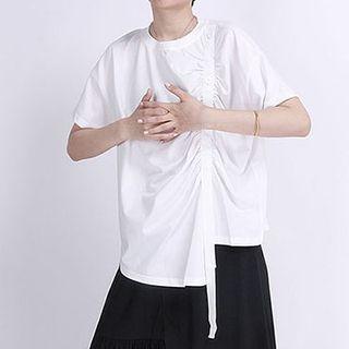 Asymmetric Strappy Shirred Short-sleeve T-shirt