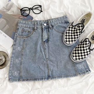 High-waist Butterfly Embroidered A-line Denim Mini Skirt
