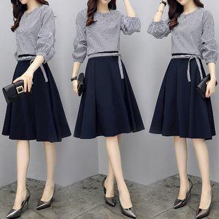 Set: Plaid 3/4-sleeve Top + Bow Accent A-line Skirt