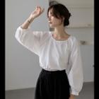 Contrast Stitching Balloon-sleeve Blouse White - One Size