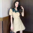 Contrast Trim Short-sleeve Blouse / Lace Trim Mini A-line Skirt