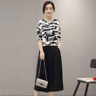 Set: Elbow-sleeve Top + Wide-leg Cropped Pants