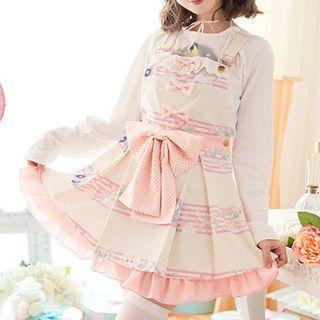 Sailor Collar Denim Jacket / Striped Printed Pinafore Dress