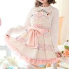 Sailor Collar Denim Jacket / Striped Printed Pinafore Dress