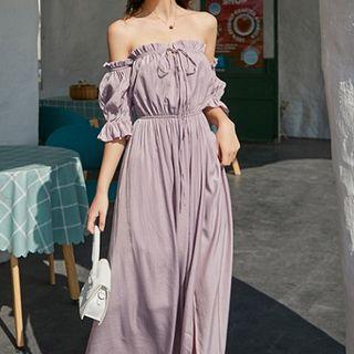 Off-shoulder Lantern-sleeve Midi Sundress