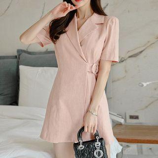Belted Waist Lapel Collar Mini A-line Dress