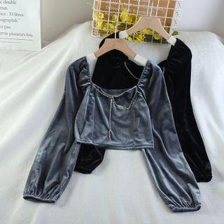 Long-sleeve Chained Velvet Cropped Blouse