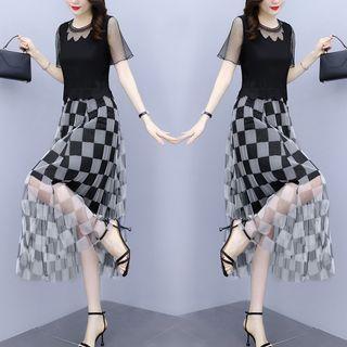 Short-sleeve Checkerboard Mesh Midi A-line Dress