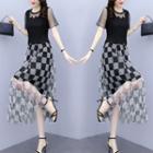 Short-sleeve Checkerboard Mesh Midi A-line Dress