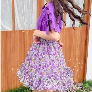 Lace-up Short-sleeve T-shirt / Floral A-line Skirt