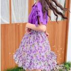 Lace-up Short-sleeve T-shirt / Floral A-line Skirt