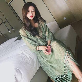 Set: Fringe Hem Sequined 3/4-sleeve Midi Dress + Strappy Dress