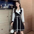 Long-sleeve Double Breasted Two-tone A-line Dress