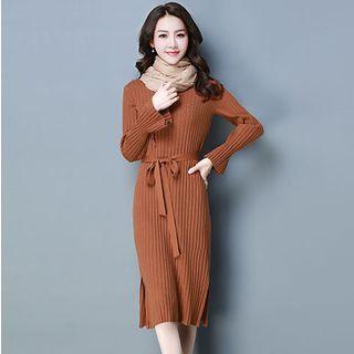Tie-waist Rib-knit Midi Sweater Dress