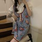 Puff-sleeve Shirt / Floral Print Mini Overall Dress