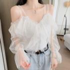 Set: Sequined Camisole Top + Cold-shoulder Ruffle Blouse Set Of 2 - Camisole Top & Blouse - White - One Size
