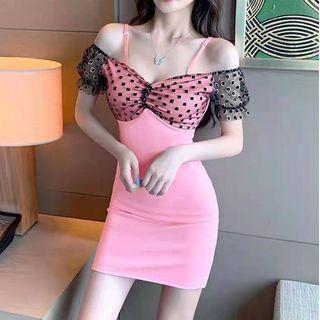 Short-sleeve Cold Shoulder Dotted Mesh Mini A-line Dress