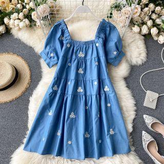 Floral Embroidered Puff-sleeve Mini A-line Dress Blue - One Size