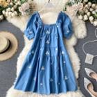 Floral Embroidered Puff-sleeve Mini A-line Dress Blue - One Size
