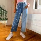 High-waist Heart Print Color-block Jeans