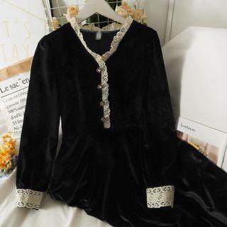 Lace-trim V-neck Velvet Midi Dress