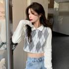 Long-sleeve / Short-sleeve Argyle Cropped Cardigan / Pleated Skirt