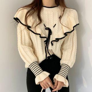 Frill Trim Knit Top Beige - One Size