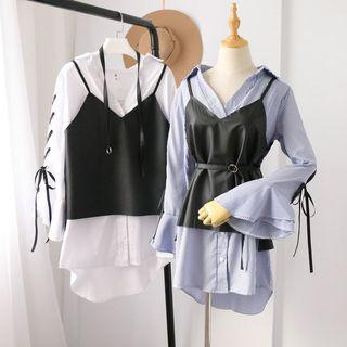 Set: Lace-up Long-sleeve Shirt + Faux Leather Camisole Top