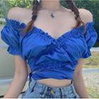 Puff-sleeve Frill Trim Wrap Crop Top Blue - One Size