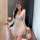 Long-sleeve Lace Trim Mini A-line Dress Off-white - One Size