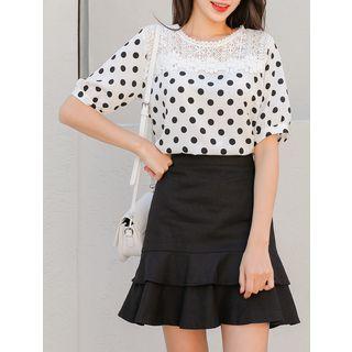 Plus Size Puff-sleeve Polka-dot Top