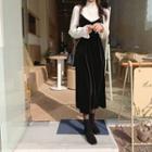 Bell-sleeve Blouse / Spaghetti Strap Midi Velvet Dress / Set