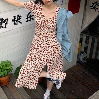 Short-sleeve Floral Midi A-line Dress Red Print - White - One Size