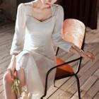 3/4-sleeve Faux Pearl Trim Midi A-line Dress