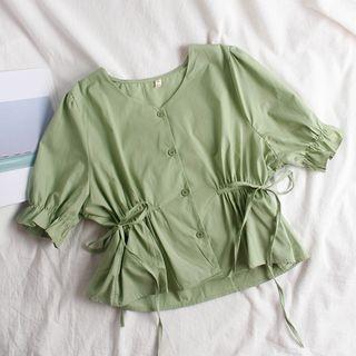 Short-sleeve Plain Drawstring Waist Top Green - One Size