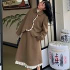 Lace Trim Shirt Jacket / Midi A-line Skirt