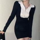 Color Block Lapel Long-sleeve Knit Dress Black - One Size