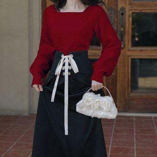 Set: Square-neck Sweater + Lace-up Midi A-line Skirt