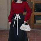 Set: Square-neck Sweater + Lace-up Midi A-line Skirt