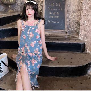 Sleeveless Halter Top / Floral Print Denim Overall Dress