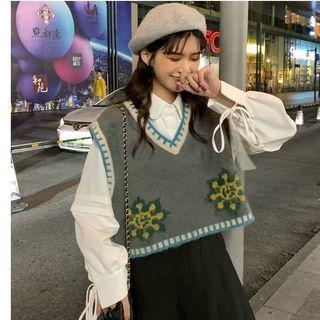 Bow Detail Blouse / Printed Knit Vest