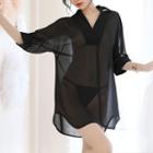 Plain Elbow-sleeve Tie-waist Blouse