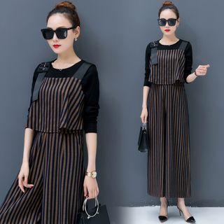 Set: Long-sleeve Top + Striped Wide Leg Jumper Pants