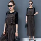Set: Long-sleeve Top + Striped Wide Leg Jumper Pants