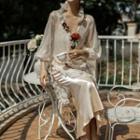 Puff-sleeve Floral Midi Dress / Spaghetti Strap Dress