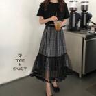 Overlay Plaid Midi Skirt / Short-sleeve T-shirt